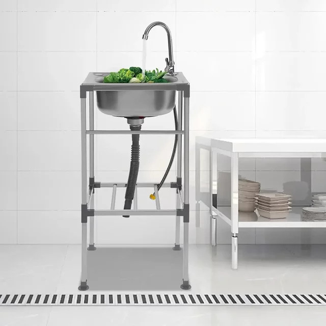 Bymaocar Edelstahl-Einzelwaschbecken mit drehbarem Wasserhahn in Silber für Bars und Restaurants - Bild 1
