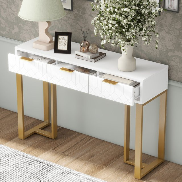 Moderner Konsolentisch von Svintora in Weiß mit goldenen Metallbeinen, rechteckiger Beistelltisch für dein Wohnzimmer - Bild 1