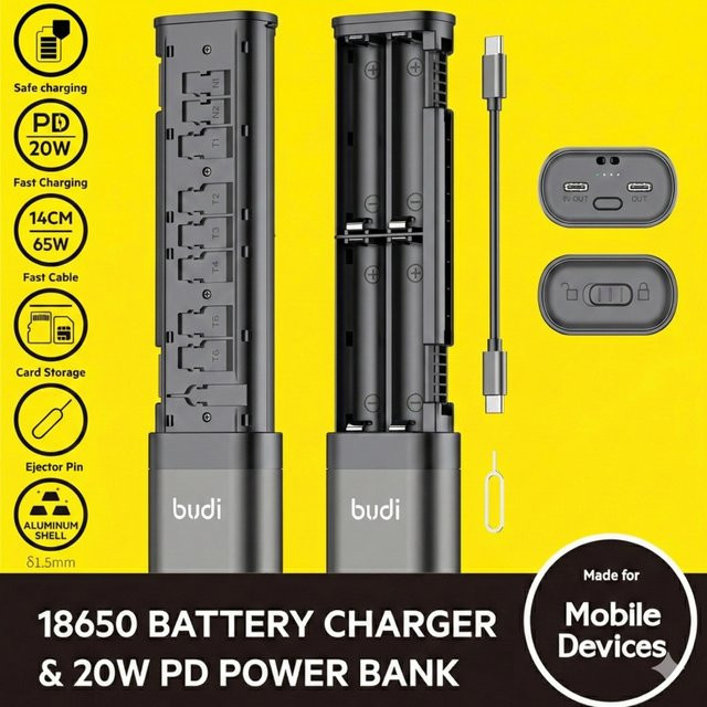 Budi 18650 Akku-Schnellladegerät 20W PD Powerbank mit Entfernungswerkzeug und SIM/TF-Karten-Aufbewahrung in Schwarz - Bild 1