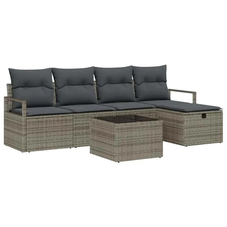 vidaXL 6-teiliges Garten-Sofa-Set aus Polyrattan in Grau mit Kissen und Ottoman für Garten und Balkon - Bild 2