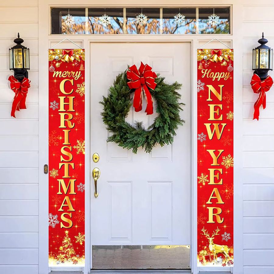 VIKAMA Neujahrs-Banner Happy Door mit Rentier-Motiv in Rot, Weihnachts-Hängeflagge aus Polyester, B/H: 30 x 180 cm - Bild 4