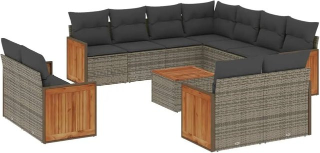 vidaXL 12-tlg Garten-Sofagarnitur Modell 45 aus Poly Rattan in Grau mit Kissen und Akazienholz - Bild 1