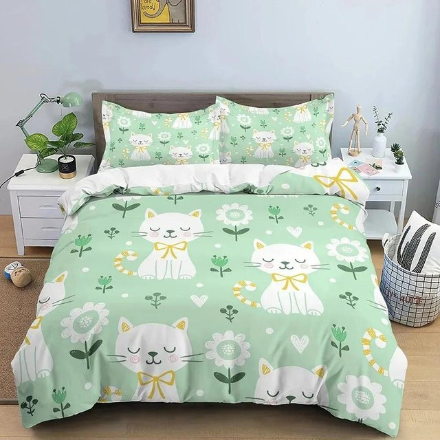JMG Household Supplies Bettwäscheset mit niedlicher Katze für Kinder, Bettbezug und Kissenbezug aus Mikrofaser, Farbe: Grün, B/H: 135 x 200 cm - Bild 1