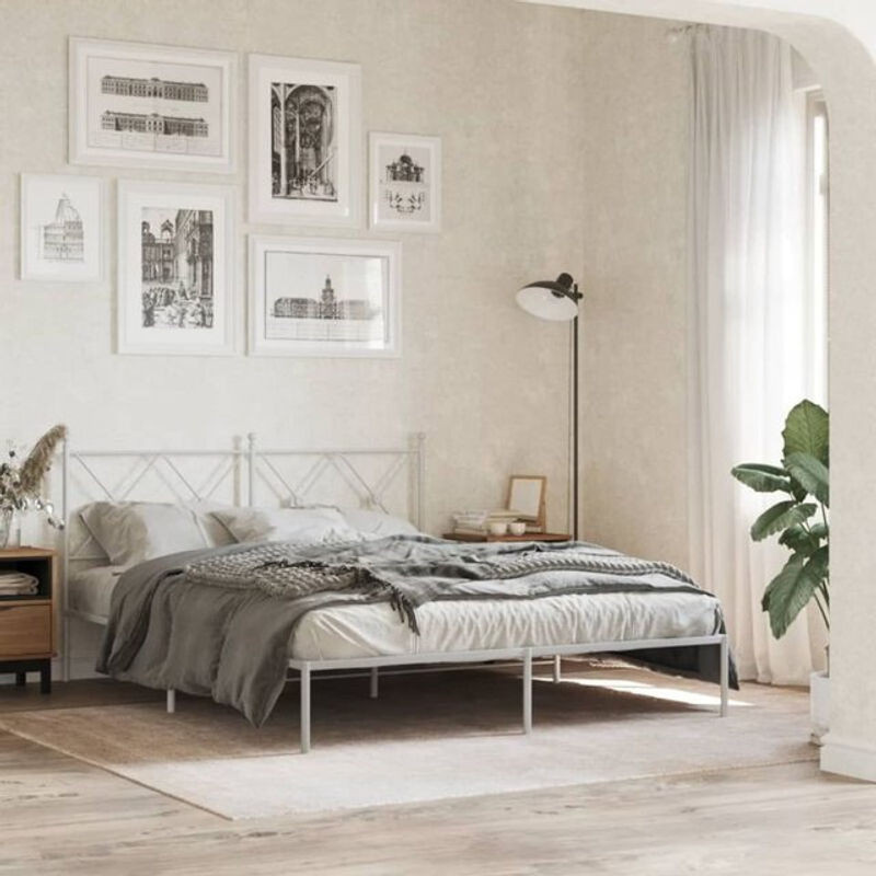 Vidaxl Metallbett mit Kopfteil in Weiß, Modernes Bettgestell aus Stahl, B/T: 150 x 200 cm - Bild 1