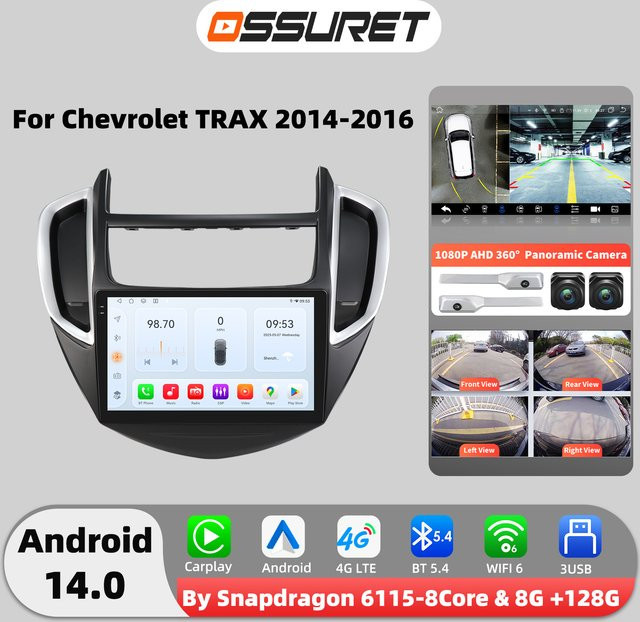 OSSURET 9-Zoll 2-DIN Android 14 Autoradio mit Carplay und GPS für Chevrolet TRAX 2014-2016, Multimedia-Stereoanlage in Schwarz mit 360-Grad-Kamera-Unterstützung - Bild 1