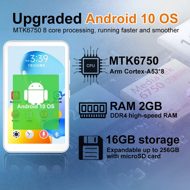 Famue BF12 WLAN MP3-Player mit Android 10, 4,0 Zoll Display, Weiß - Bild 2