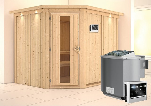 Karibu BioKombisauna MALIN in Natur mit Dachkranz und 9.0 kW BioKombiofen, B/T/H: 231 x 196 x 245 cm - Bild 1