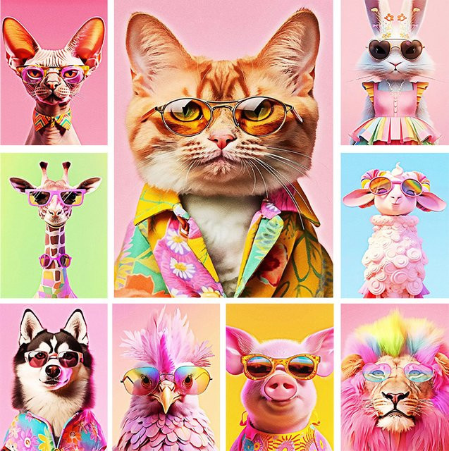 Potdemiel Pop Art Leinwandgemälde mit Tierporträts von Löwe und Giraffe in Modebrille, mehrfarbiges Wandbild für dein Zuhause - Bild 1