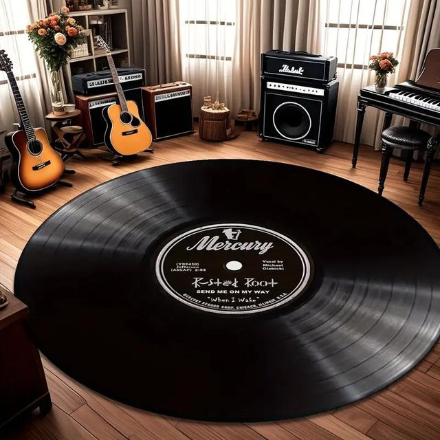 Lodestar Retro Schallplatten Teppich Schwarz, quadratisch, B/B/H: 80 x 80 x 1 cm - Bild 1