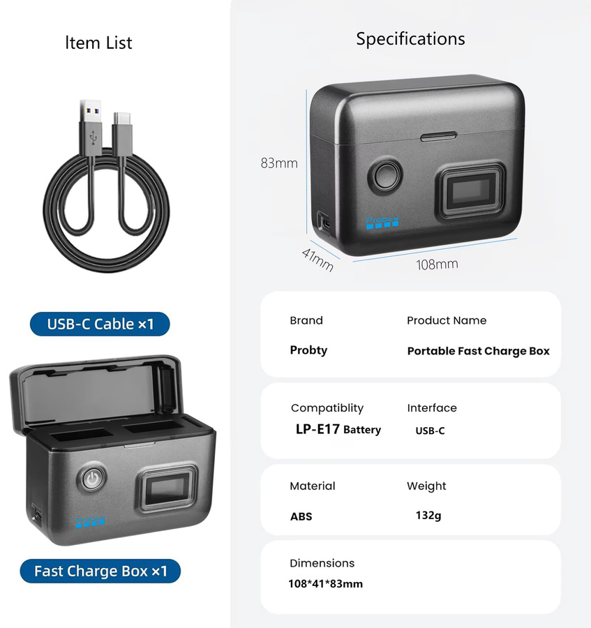 Probty LP-E17 Akku-Ladegerät mit intelligenter Digitalanzeige für Canon EOS R50 R8 R10 R100 RP T6i T7i T8i T6s SL2 SL3 M3 M5 M6 77D - Bild 6