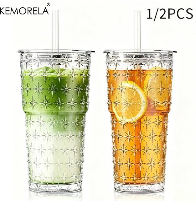 KEMORELA Funkelnde Stern-Glas-Kaffeetassen mit Deckel und Strohhalm, transparent, 590 ml - Bild 1