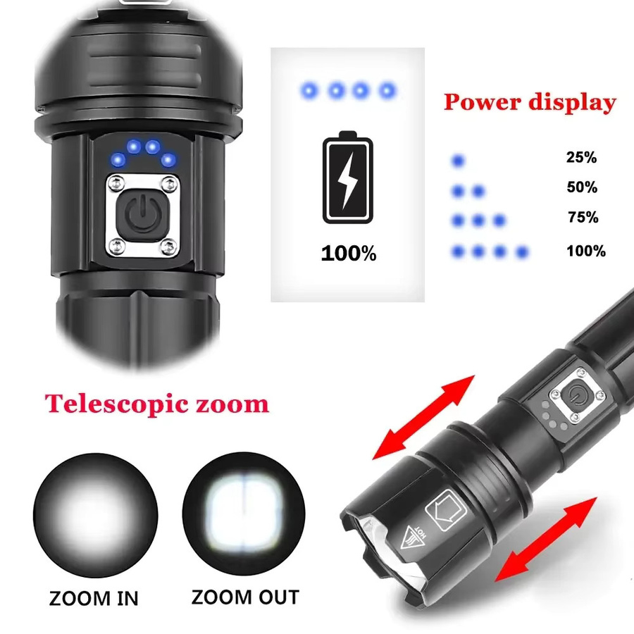 ESMARTER Taktische LED-Taschenlampe in Schwarz, wiederaufladbar via USB mit 30 W Leistung und 1500 Meter Reichweite - Bild 2