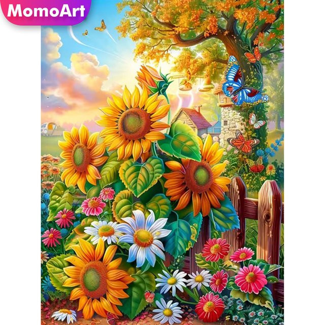 Momoart Diamant-Stickerei Set mit Sonnenblumen und Gänseblümchen, rundes DIY-Diamant-Mosaik in Multicolour, B/D: 30,0 x 20,0 cm - Bild 1