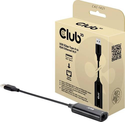 Club3D CAC-1421 USB 3.2 Gen 1 zu 5 Gbit/s Ethernet RJ45 Adapter Schwarz USB-A auf RJ45 - Bild 1