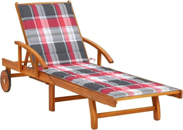 vidaXL Sonnenliege aus Akazien-Massivholz in Braun mit Auflage in rotem Karomuster, verstellbare Kopfstütze und Rollen, B/T/H: 200 x 67 x 30/51/62/77/85 cm - Bild 1