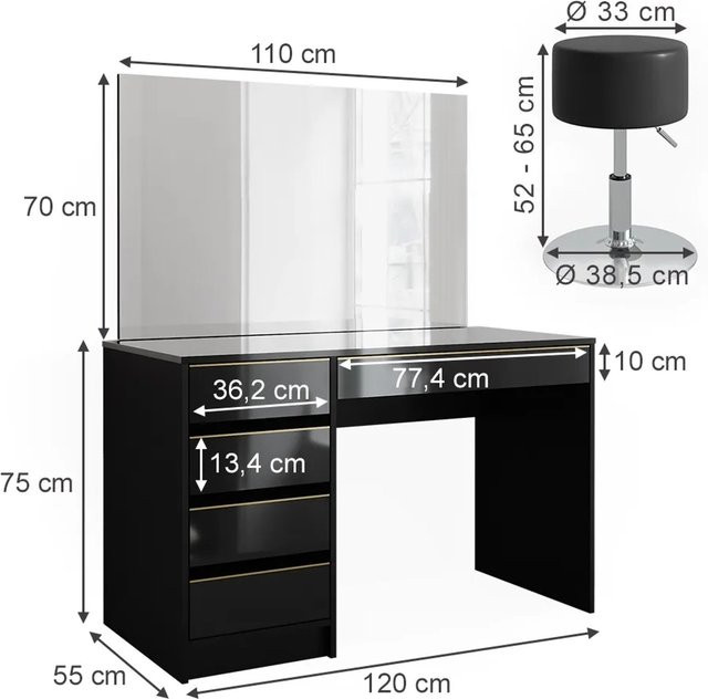 Vicco Schminktisch Sherry Set in Schwarz Hochglanz und Gold mit Spiegel, Hocker und 5 Schubladen, B: 120 cm, T: 75 cm, H: 75 cm - Bild 2