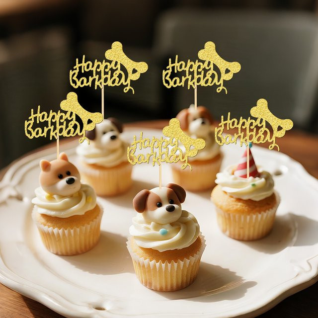 YOMDID 24 Stück glitzernde Cupcake-Topper Hundeburtstag Gold mit Happy Barkday und Bone Motiven - Bild 1