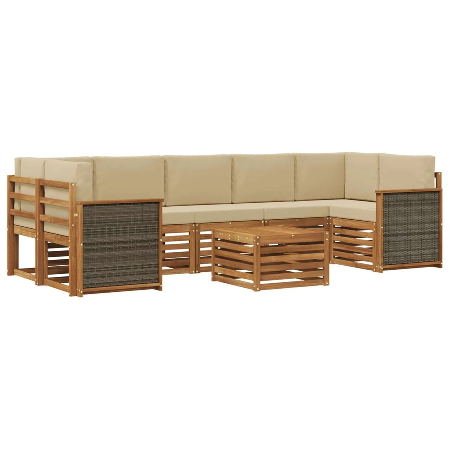 vidaXL Outdoor-Sofagarnitur aus Massivholz Akazie in L-Form, 8-teiliges Set mit Polstern in Natur und Beige - Bild 2