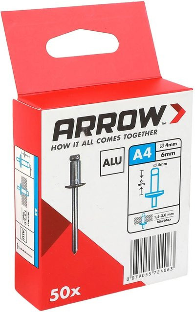 Arrow Blindniete aus Aluminium in Silber, Durchmesser: 4 mm, Länge: 6 mm, 50 Stück - Bild 1