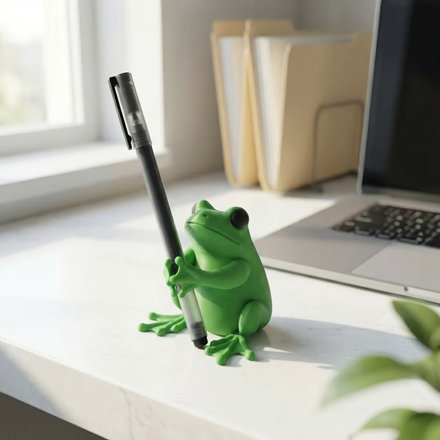 Verspielter 3D-Stifthalter in Form eines grünen Frosches aus Kunststoff als Schreibtischorganizer - Bild 1