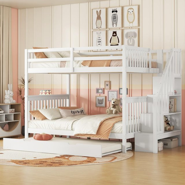 Flieks Etagenbett für Kinder aus Kiefernholz und MDF mit Treppenregal, sicherem Zaun und ausziehbarem Rollbett, Farbe: weiß, B/T/H: 140 x 200 cm - Bild 1