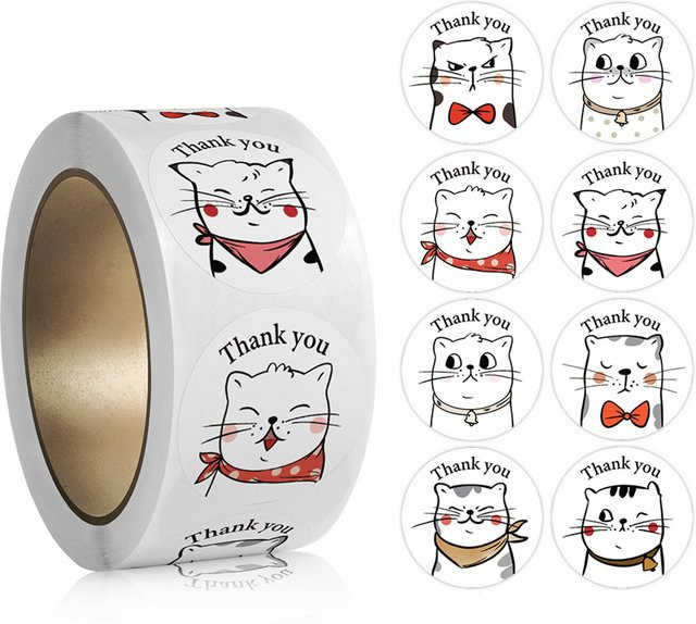 TYFYO Dankeschön-Katzen-Aufkleber mit niedlichen Cartoon-Tier-Motiven, 500 Stück pro Rolle, Mehrfarbig, Papieraufkleber für Verpackungen und Geschenke - Bild 1