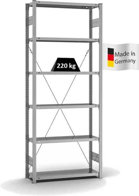 PROREGAL Fachbodenregal Stecksystem T-Profil Medium-Duty Grundregal, verzinkt, H x B x T: 250 x 100 x 30 cm, 6 Ebenen, Fachlast 220 kg, einseitig nutzbar - Bild 1