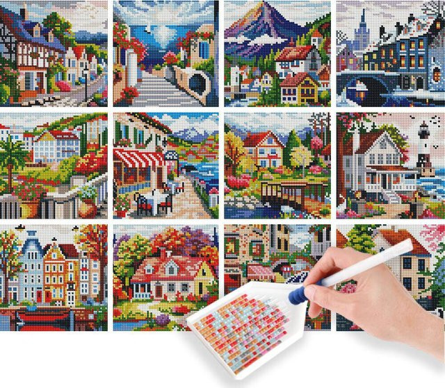 HUACAN 12er Set Landschaft Diamant-Mosaik Malerei mit runden Mini-Diamanten in Multicolor - Bild 1