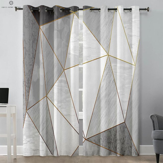 Geometrische Vorhänge aus Polyester in Grau, 2er-Set mit Ösen, halbtransparent, B: 50 cm, H: 130 cm - Bild 1