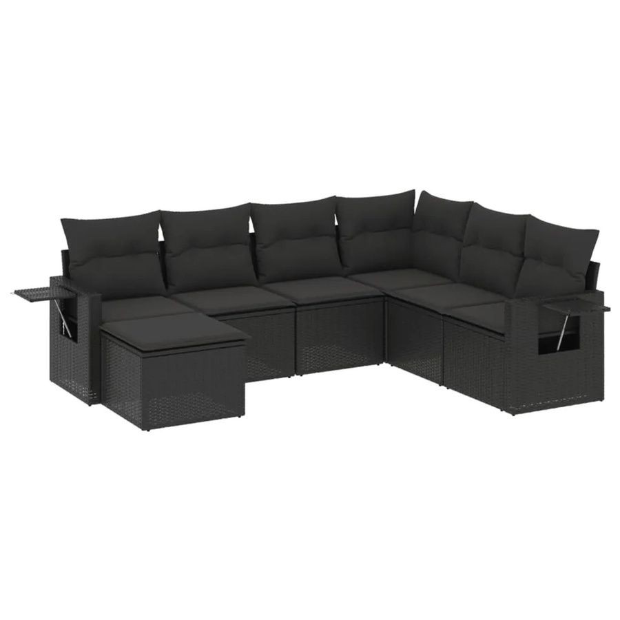 vidaXL 7-tlg. Garten-Sofagarnitur in L-Form aus schwarzem Poly-Rattan mit Kissen und pulverbeschichtetem Stahlgestell - Bild 2