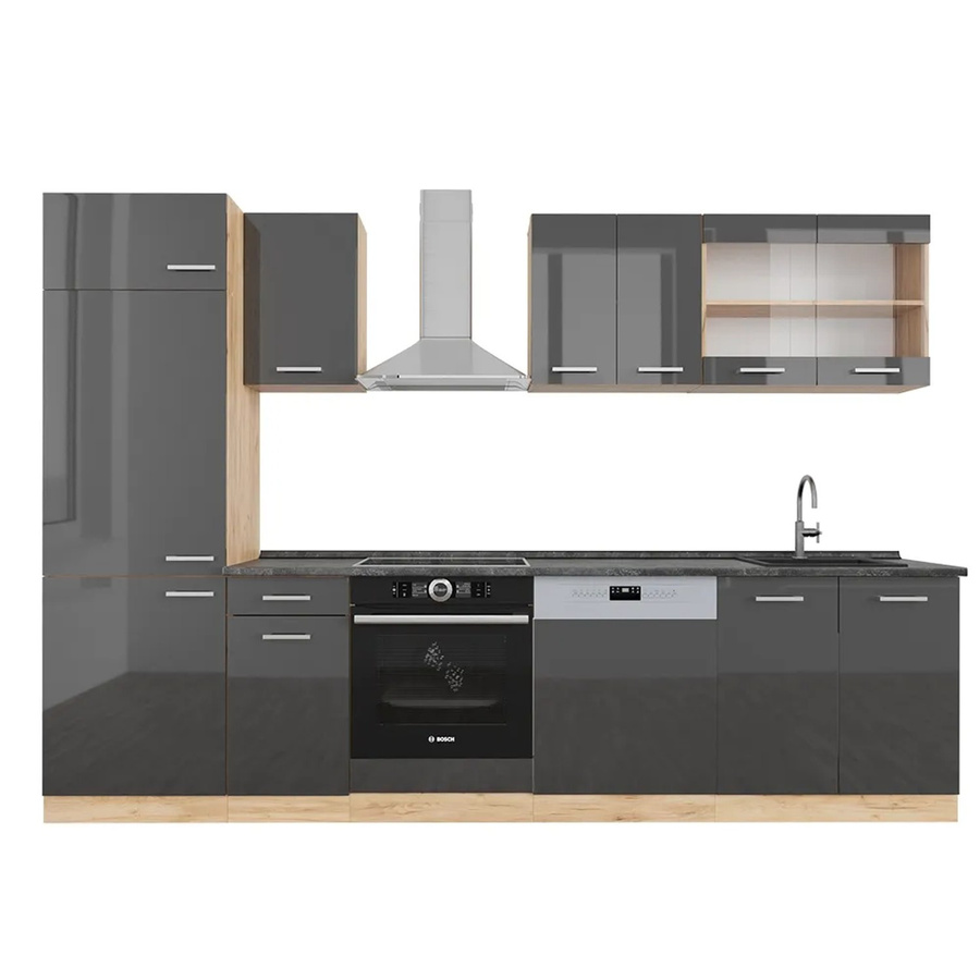 Vicco R-Line Küchenzeile Anthrazit Hochglanz und Goldkraft Eiche, Breite: 300 cm, Höhe: 207 cm, Tiefe: 60 cm - Bild 2