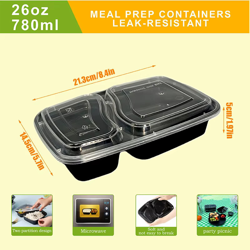 WVWV Lunchboxen mit zwei Fächern, 26 oz, Schwarz, stapelbar und mikrowellengeeignet, 10er-Pack oder 40er-Pack - Bild 3
