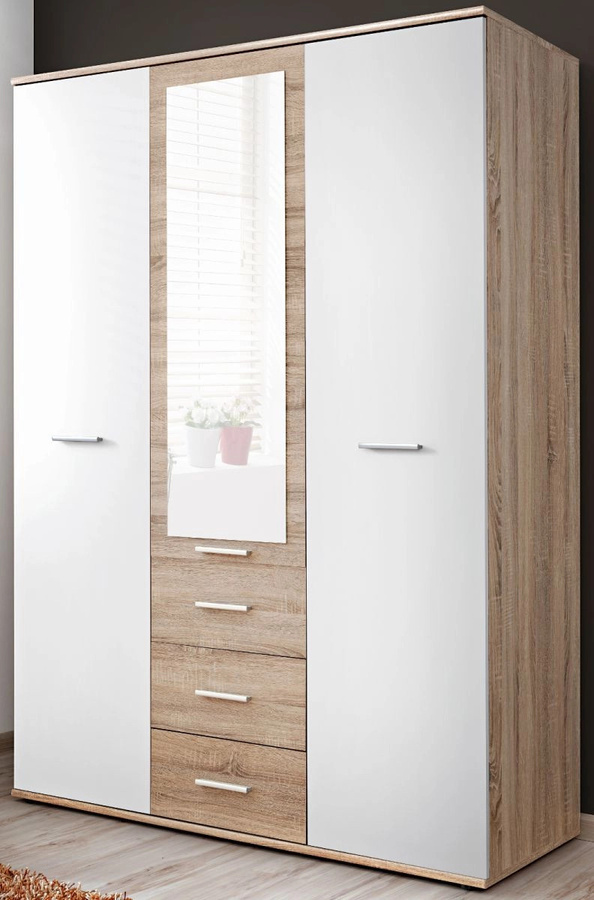 Kleiderschrank Superior 3-türig in Weiß und Eiche mit integrierten Schubladen und Spiegel, B/T/H: 135 x 55 x 190 cm - Bild 1