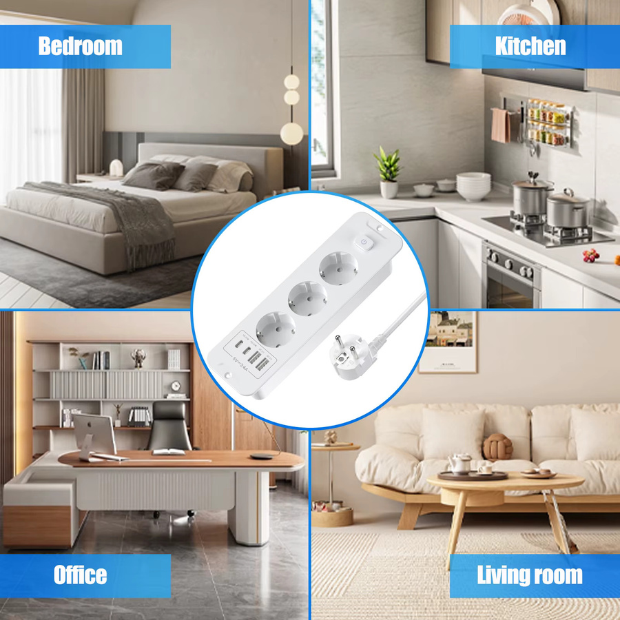 HITRENDS 7-in-1 Ultraflache Einbausteckdose mit Schalter, Weiß, 2 USB-A, 2 USB-C mit 20W Schnellladung und Überspannungsschutz - Bild 4