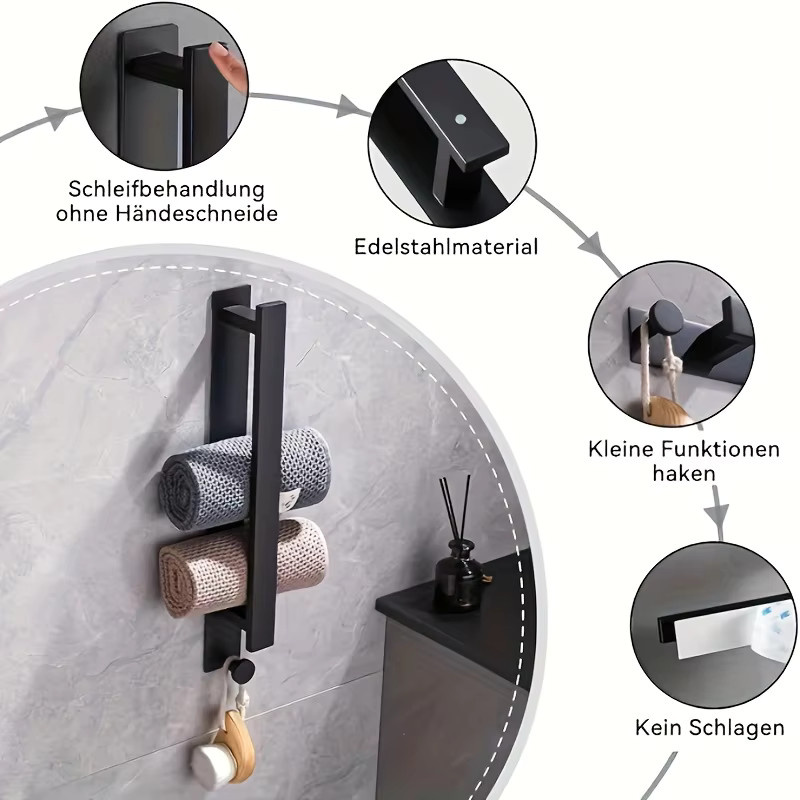 PGY Handtuchhalter aus Edelstahl in Schwarz ohne Bohren oder Nageln - Bild 4
