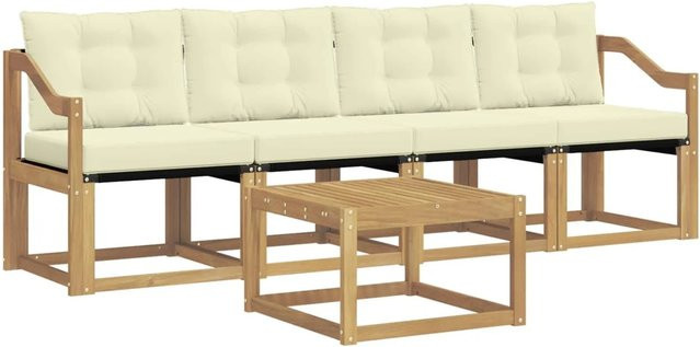 vidaXL Outdoor-Sofagarnitur 5-teilig aus Akazienholz mit Kissen in Weiß und Beige - Bild 1