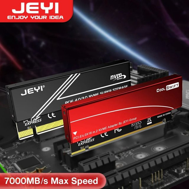 JEYI M.2 NVMe zu PCIe 4.0 x16 Adapter in Rot mit Aluminium-Kühlkörpergehäuse für Samsung 980 PRO und 970 EVO - Bild 1
