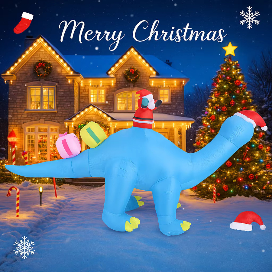 Aufblasbarer blauer Dinosaurier mit Weihnachtsmann als Weihnachtsdekoration mit LED-Beleuchtung für Garten und Hof, Höhe: 200 cm - Bild 2