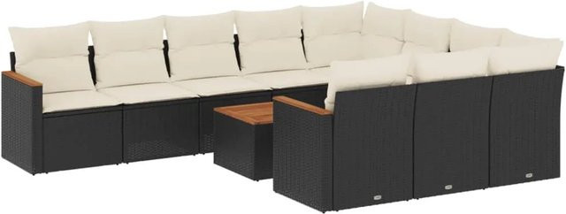 vidaXL 11-teilige Garten-Sofagarnitur aus Poly-Rattan und Akazienholz in Schwarz-Creme mit Kissen - Bild 1
