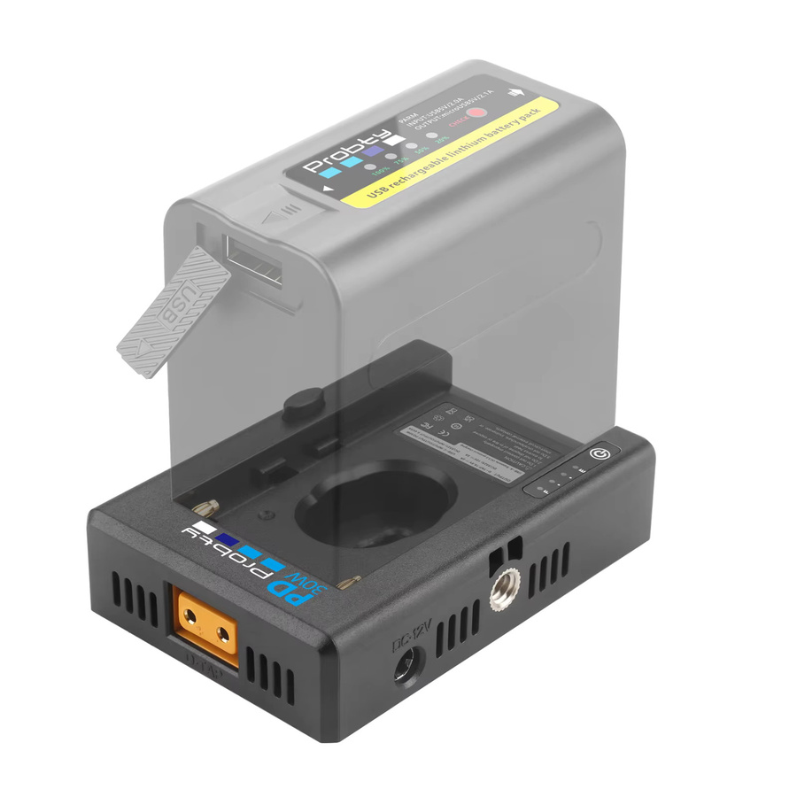 Sony NP-F Akku-Adapterplatte in Schwarz mit PD30W USB-C Ladeanschluss, 12 V 8,4 V D-TAP Ausgang und LED-Batterieanzeige - Bild 2