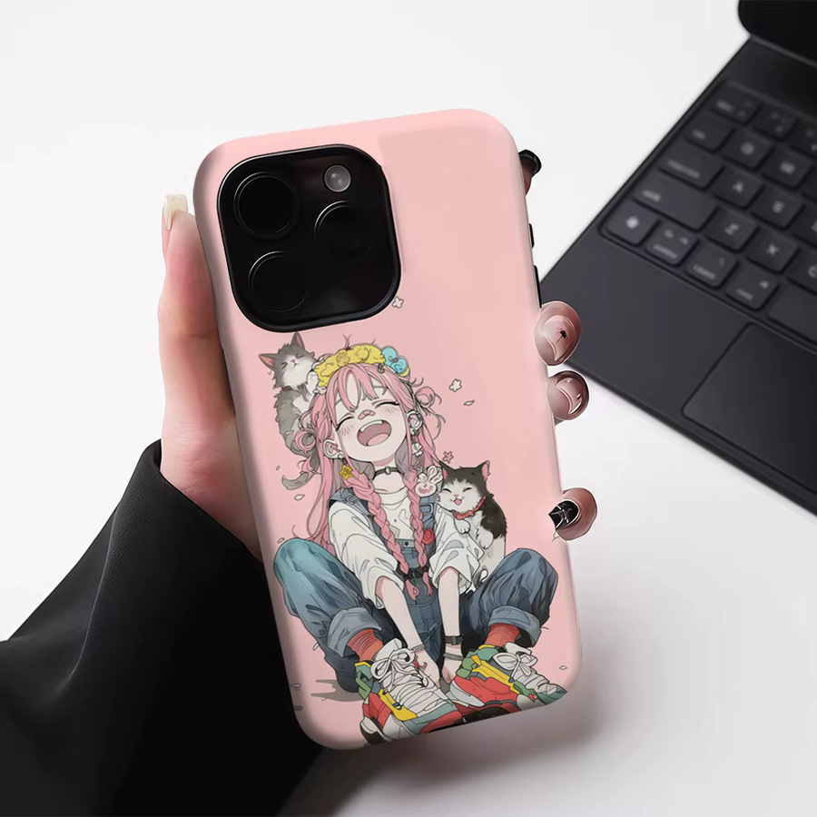 Potdemiel Handyhülle mit Rosahaarigem Mädchen & Katze für iPhone 17 16 15 14 13 Pro Max Plus, Magnetische Robuste Einzel- und Doppelschicht Hülle, Pink - Bild 4
