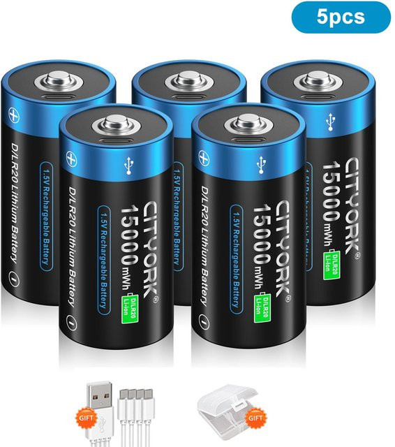 Cityork Wiederaufladbare Li-Ion Batterien Typ C R20 LR20 mit USB-C Anschluss, 5 Stück, Blau - Bild 1