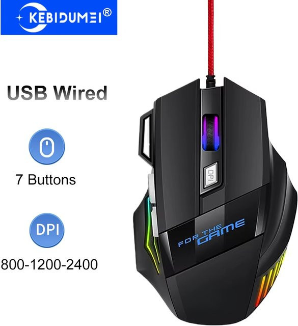 KEBIDUMEI RGB Gaming-Maus mit 7 Tasten, ergonomische USB-Maus in Schwarz für PC, Laptop, Windows und Mac OS - Bild 1