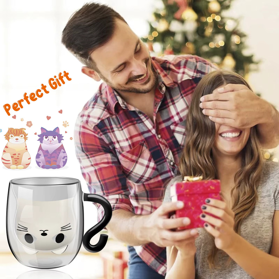 Willstar Transparente doppelwandige Glastasse mit Katzenmotiv und Griff - Bild 4