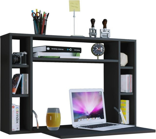 Wandschreibtisch Wandila VCM Möbel schwarz mit ausklappbarer Tischplatte und 7 Fächern für dein Home Office, B: 90 cm, H: 60 cm, T: 20/67 cm - Bild 1