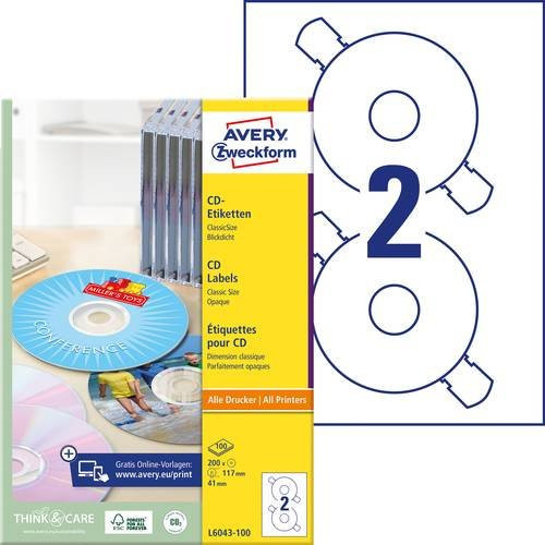 Avery Zweckform CD-Etiketten L6043-100 Weiß Papier Ø 117 mm 100 Stück - Bild 1