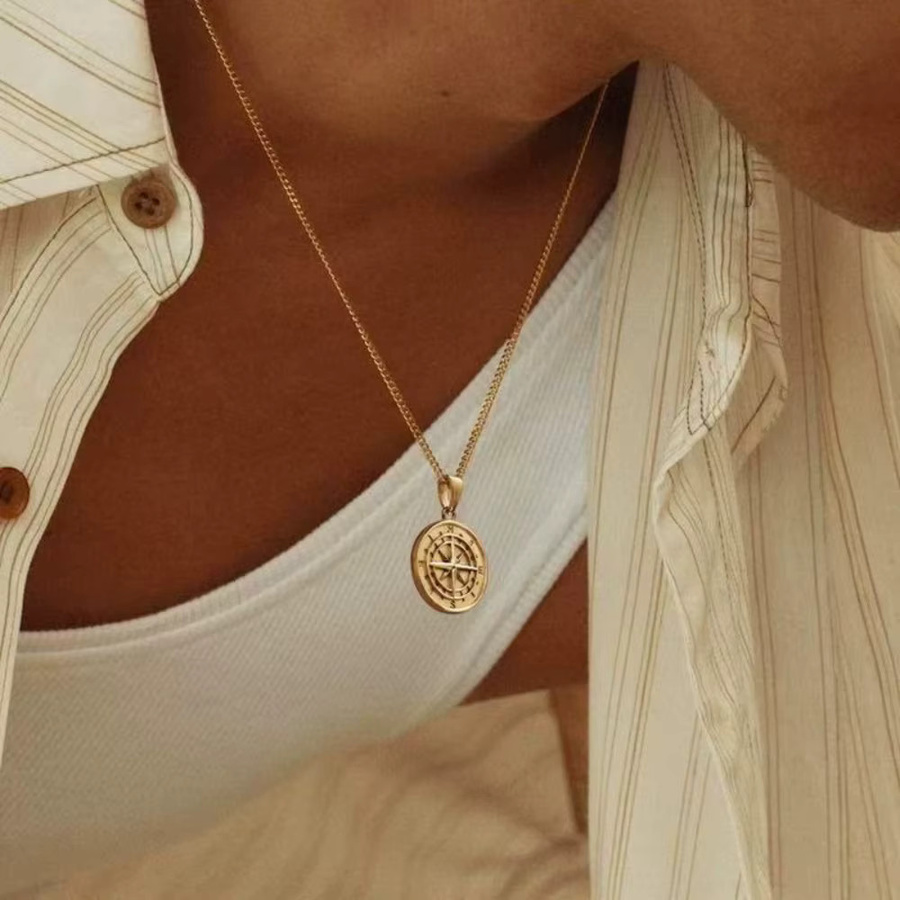 FOMALHAUT Anhänger Halskette, Kompass Medaille, Edelstahl, Gold, Herren - Bild 2