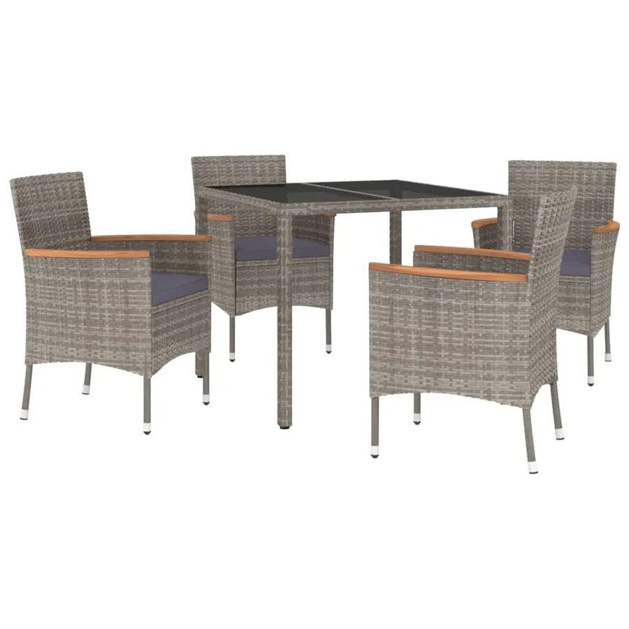 vidaXL 5-tlg Garten-Essgruppe aus Poly Rattan und Akazienholz in Grau mit Kissen und Hartglas-Tischplatte - Bild 2