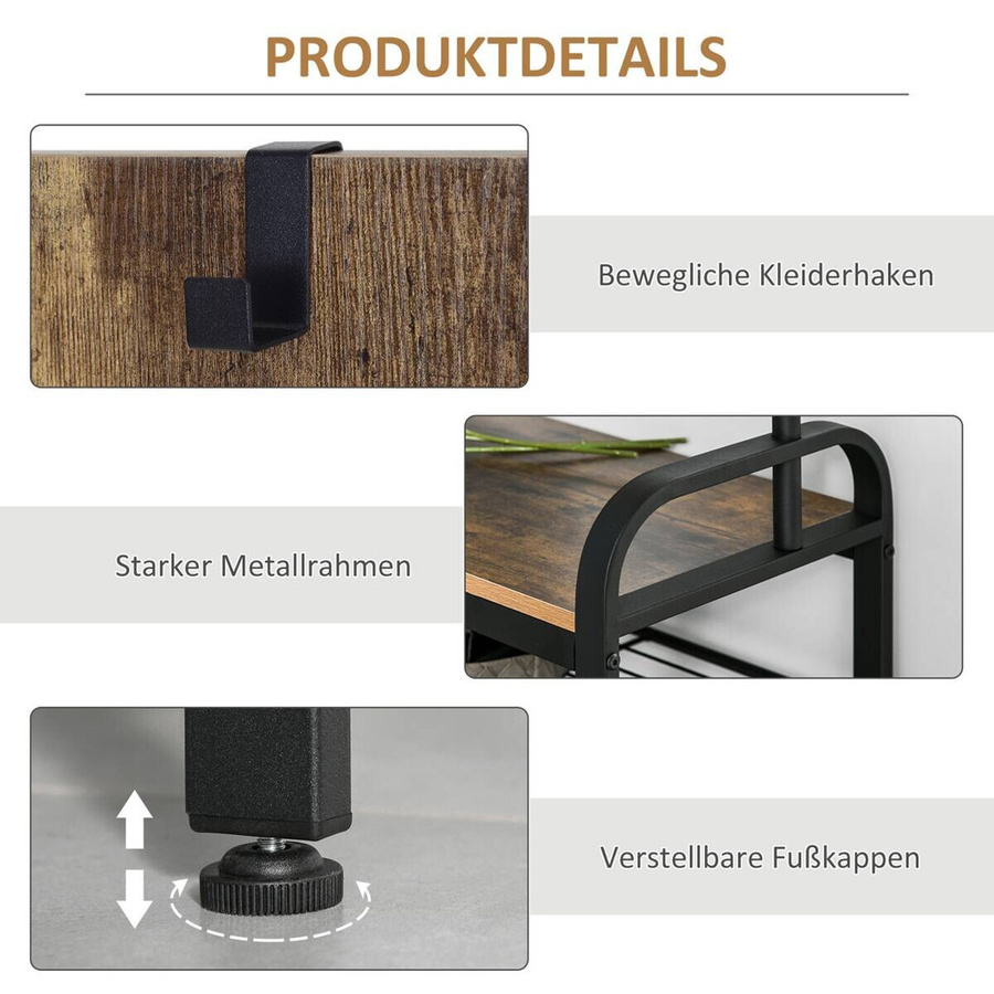 HOMCOM Garderobenständer im Retro-Design mit 8 Haken und Sitzbank, Schwarz, B/T/H: 72 x 34 x 185 cm - Bild 3