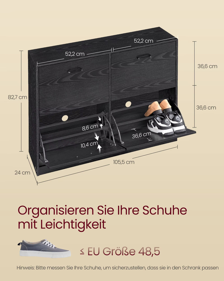 VASAGLE Schuhschrank mit 4 Klappen in Schwarz, moderner Schuhkipper für den Flur mit verstellbaren Trennwänden und Belüftung - Bild 6